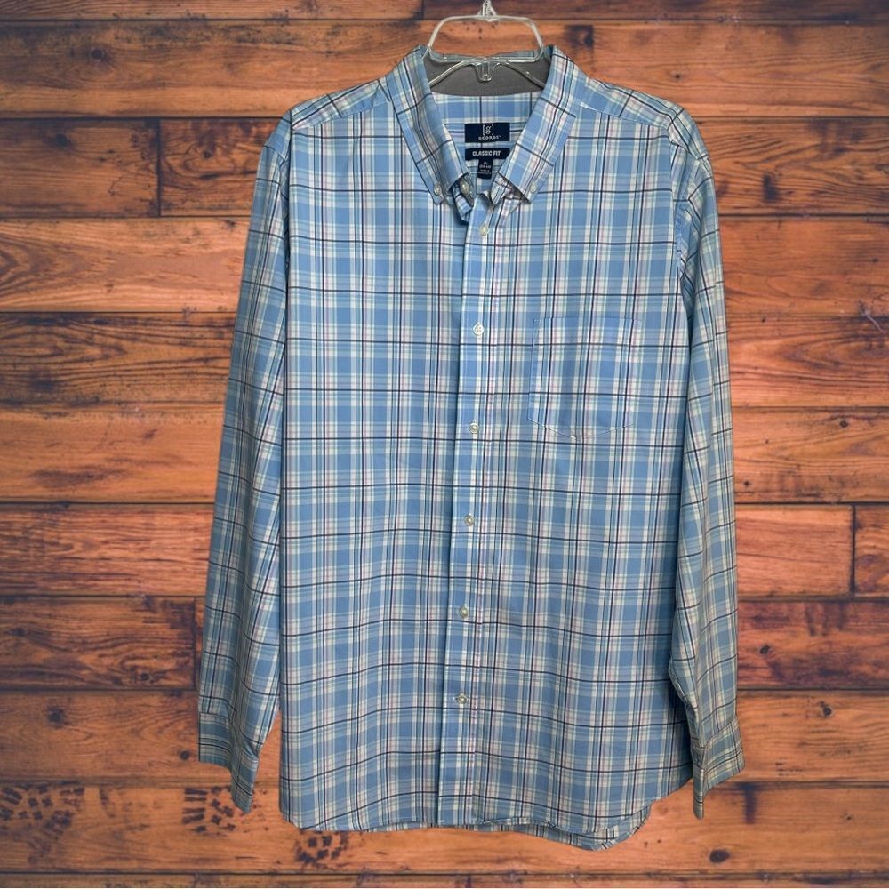 5 for $25🔥George Classic Fit Blue Plaid‎ Long Sleeve Shirt XL (46-48)
